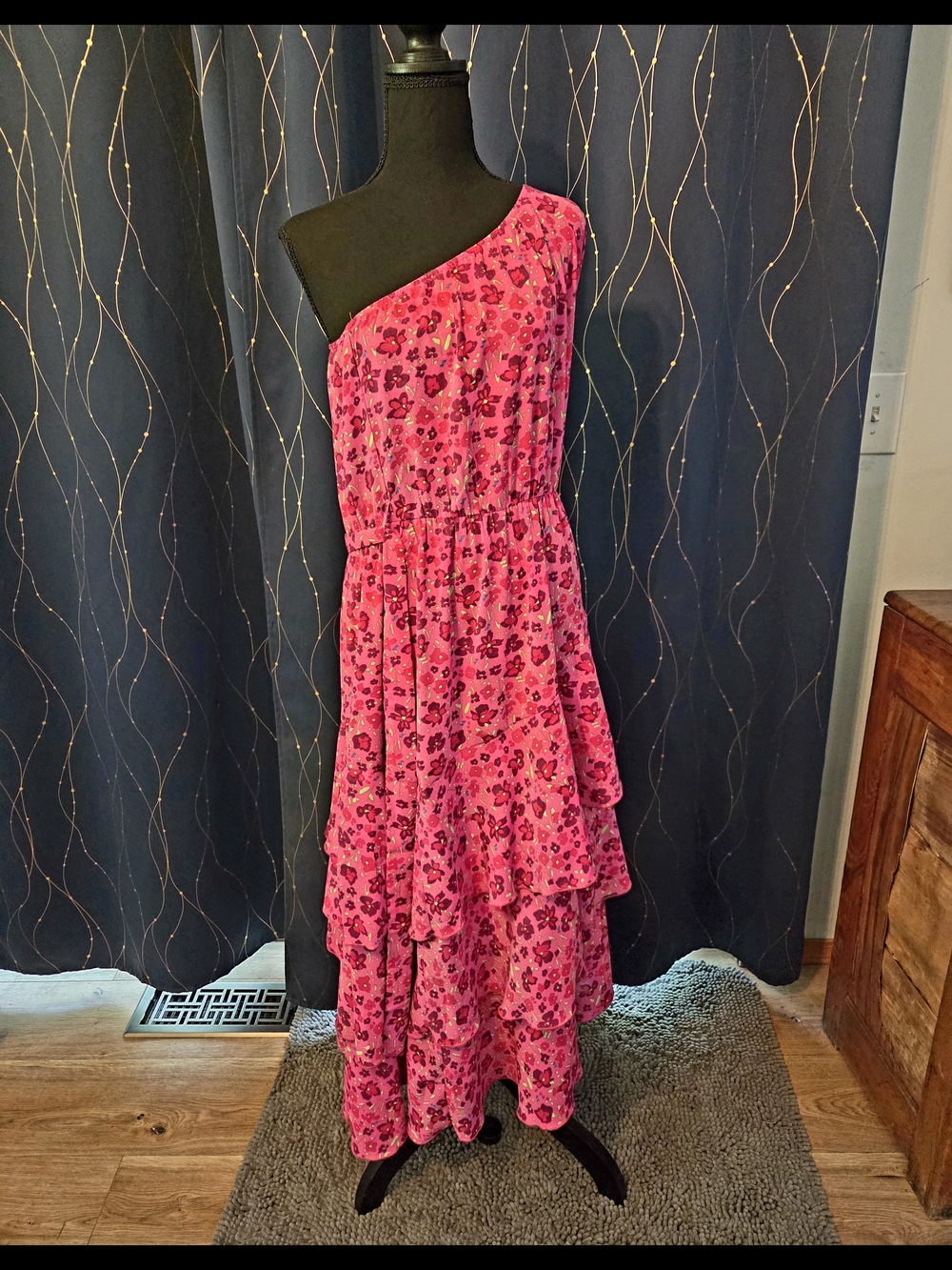 One-Shoulder Pink Floral Tiered Maxi Dress
